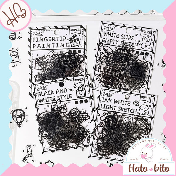 

1 set isi 40 pcs black tone sketch sticker cute aesthetic journaling scrapbook lucu deco sticker monochrome hitam putih HB1978