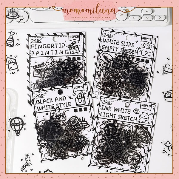 

1 set isi 40 pcs black tone sketch sticker cute aesthetic journaling scrapbook lucu deco sticker monochrome hitam putih HB1978