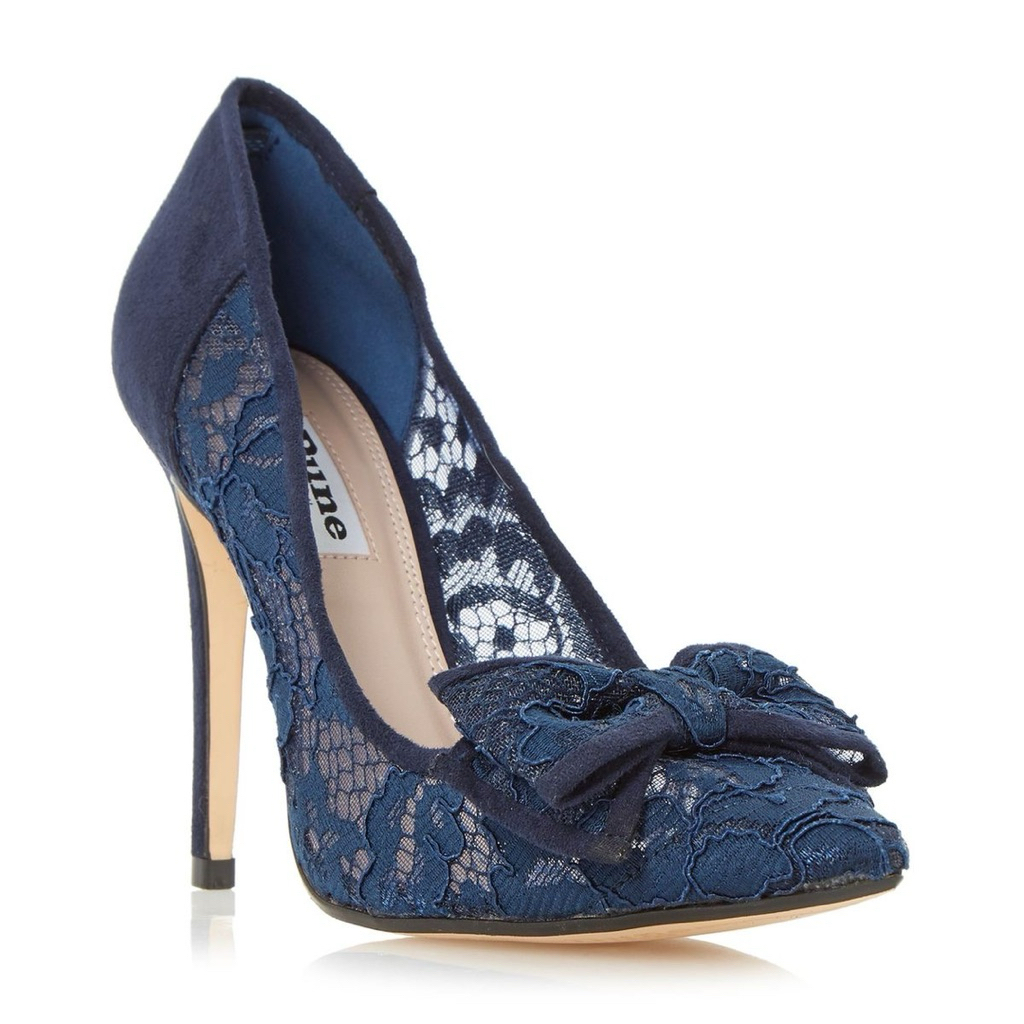 Dune London Navy Lace Heels with Bow Detail
