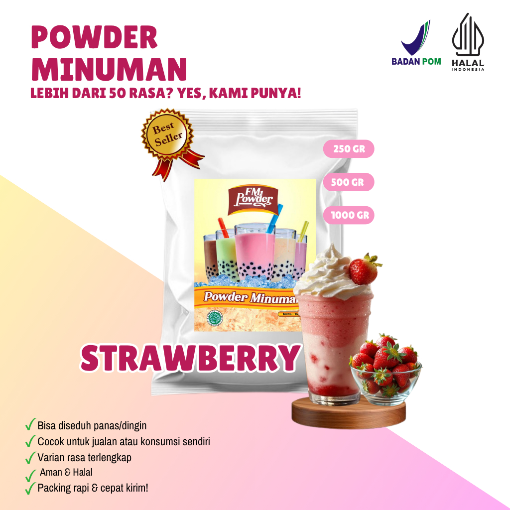 

STRAWBERRY FM Powder Drink - Bubuk Minuman Instan Varian Rasa Buah Kemasan 500gr dan 1000gr(BPOM&HALAL) Minuman Praktis, Harga Hemat, dan Rasa Fantastis