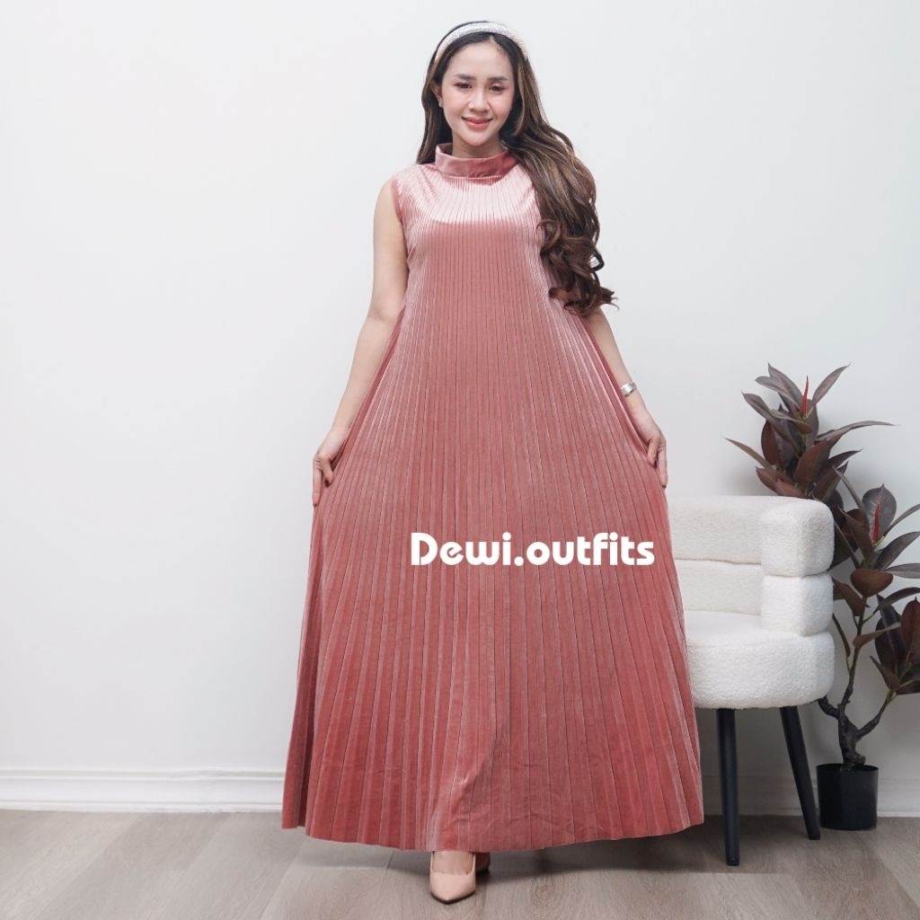 Dress Plisket Bludru Premium Tanpa Lengan Inner Panjang