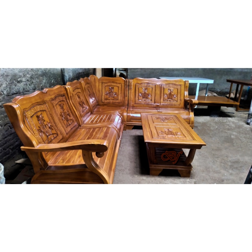 set kursi tamu sudut gajah motif bambu kayu jati full