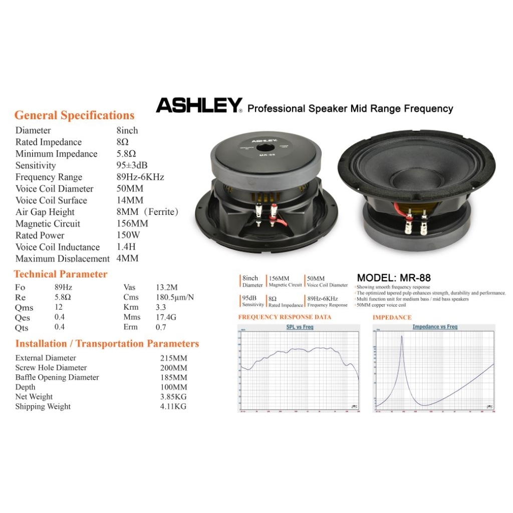 SPEAKER KOMPONEN ASHLEY MR-88 8 inch ASHLEY