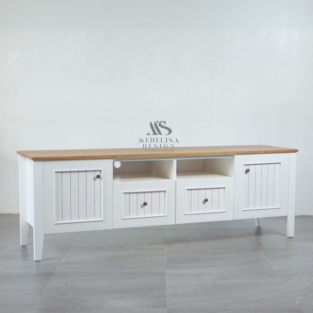 Meja TV Minimalis Kayu Jati Finishing Putih Kombinasi Natural