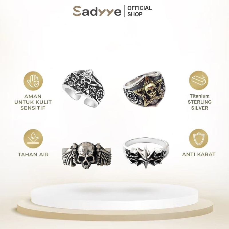 Sadyye Cincin Pria Retro Cincin Tengkorak Cincin Titanium Pria Tengkorak Pria Cincin Punk Adjustable