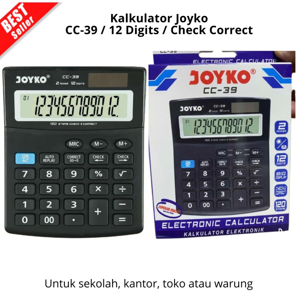 

Calculator / Kalkulator JoykoCC-39 / 12 Digits / Check Correct untuk di warung sekolah kantor toko atau bisa dijual kembali