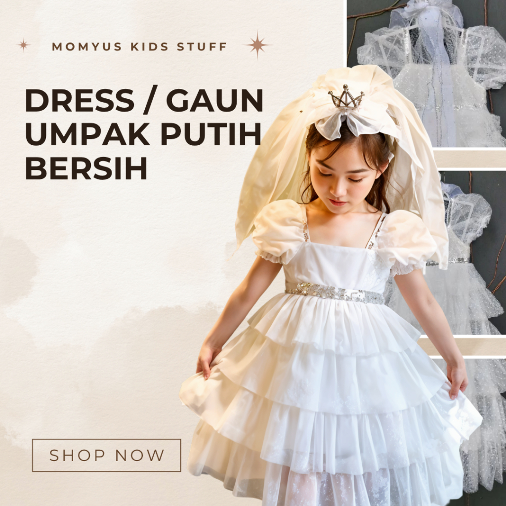 Gaun Pengantin Anak Perempuan Dress Putih Umpak + Bando Usia 2–6 Tahun