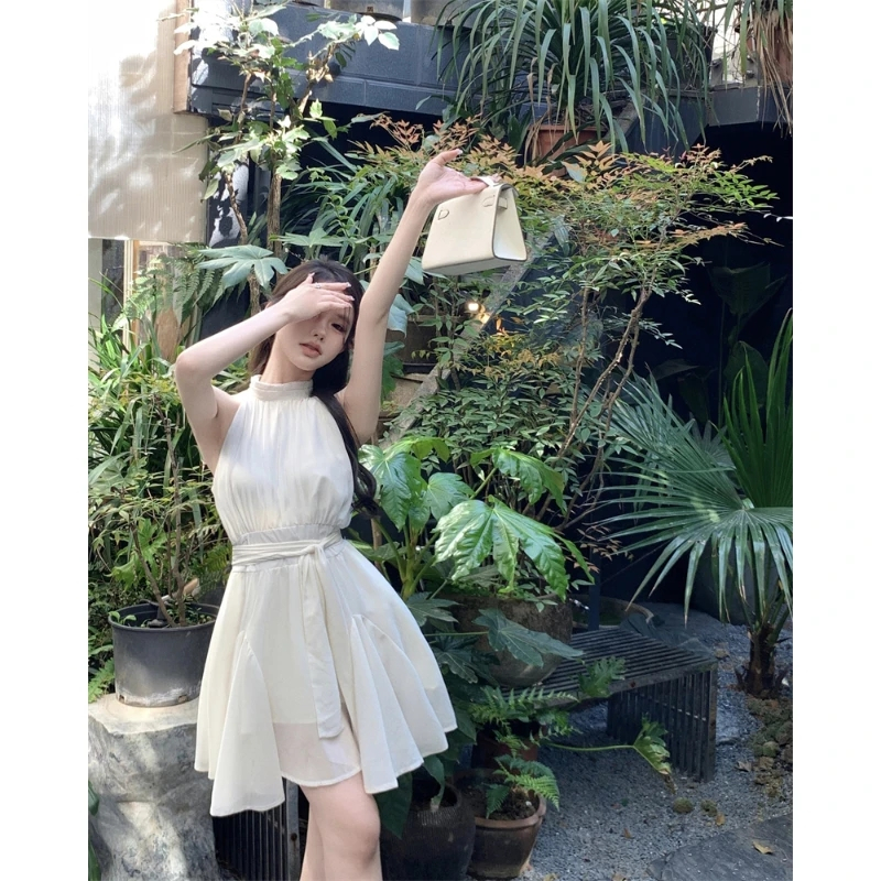 Mini Dress Wanita Halter neck kutung tanpa lengan Tali ikat pinggang bahan sifon babydoll Jumbo