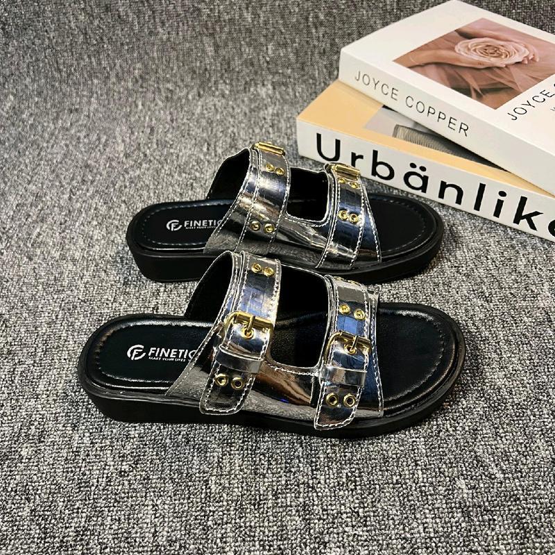Sandal Wanita Kekinian Glossy Silver Sendal Selop Cewek