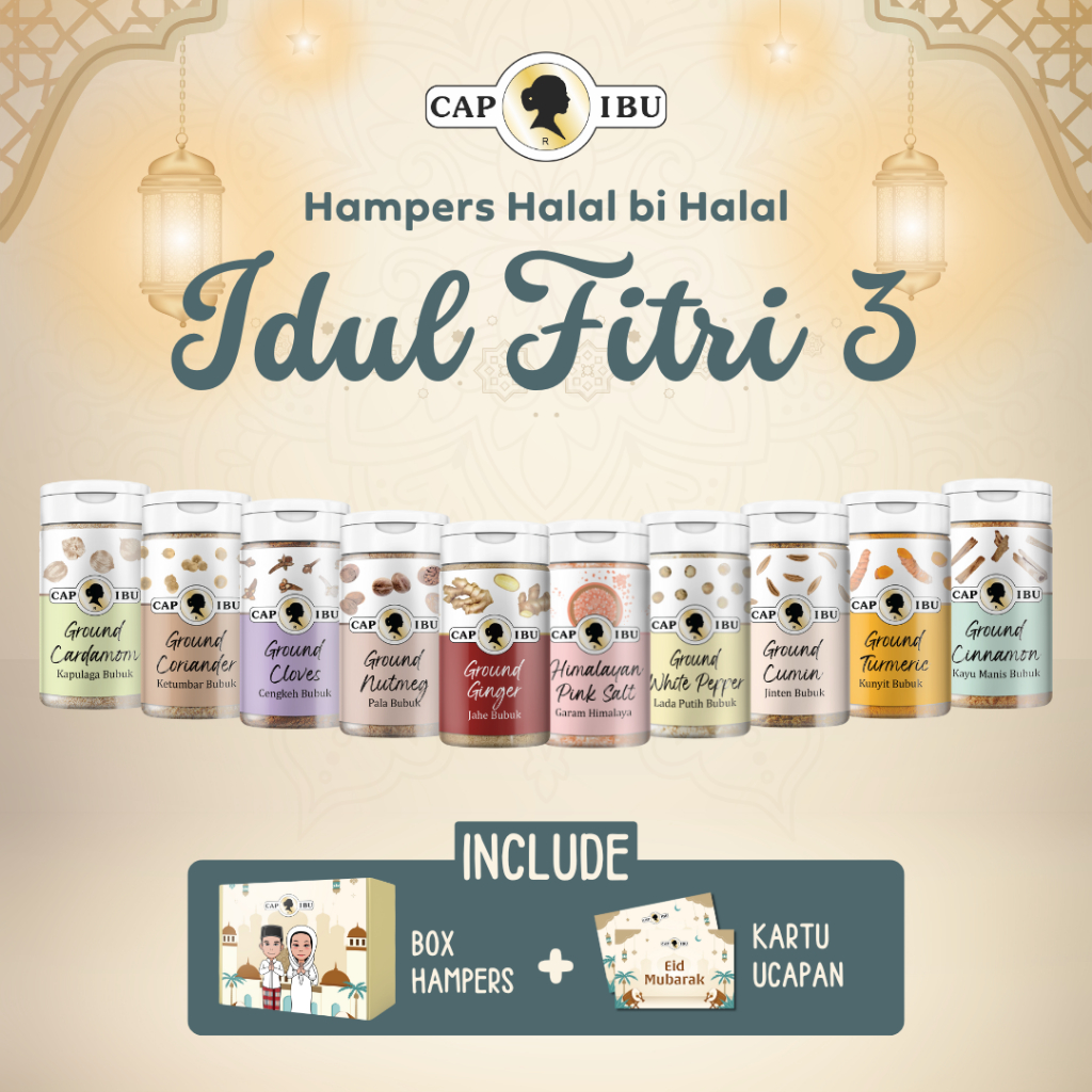 

CAP IBU Hampers Idul Fitri 3 - Rempah Bubuk Pala / Cengkeh / Jinten / Kapol / Kayu Manis / Kunyit / Lada Putih / Ketumbar / Garam Himalaya / Jahe