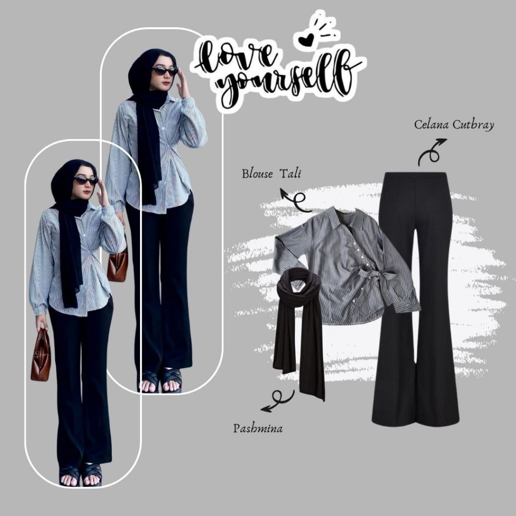 Setelan Korea Style Wanita Hijab 3in1 (Blouse Tali Samping Celana Cutbray Pashmina) Outfit Kuliah Ha