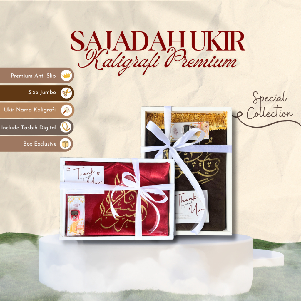 Hampers Giftbox Exclusive Sajadah Ukir Nama Arab Kaligrafi Premium Size Jumbo Custom | Souvernir Kad