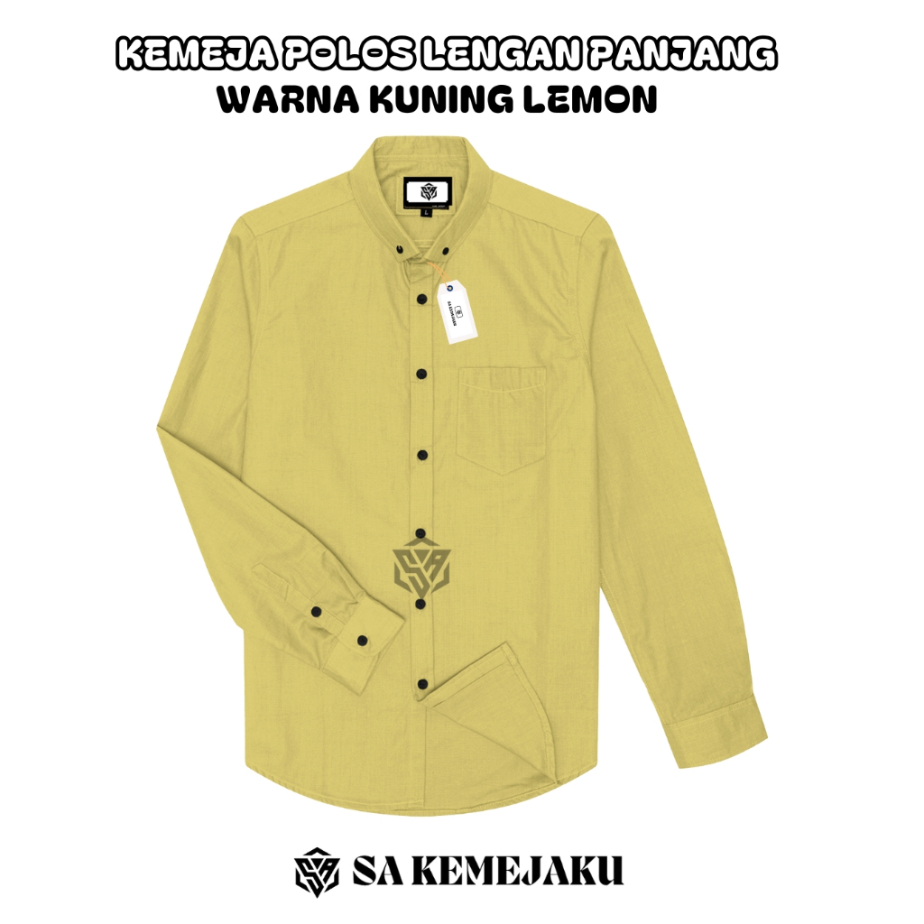 Kemeja pria lengan panjang polos warna kuning lemon casual slimfit hem pria katun