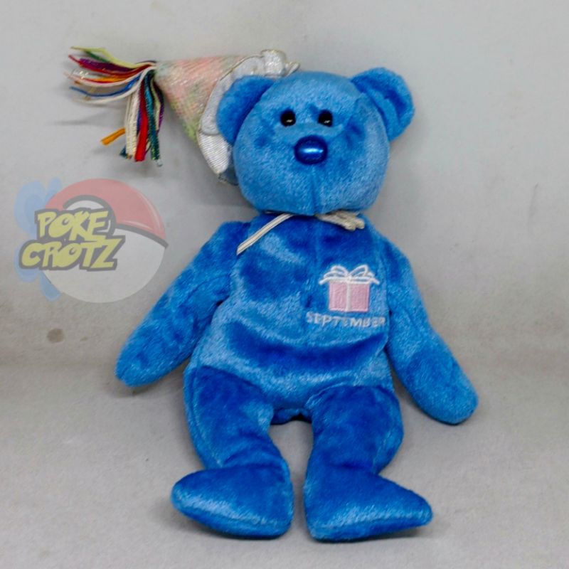 Boneka Ty beanie baby september the teddy blue birthday bear plush 16cm sit mode