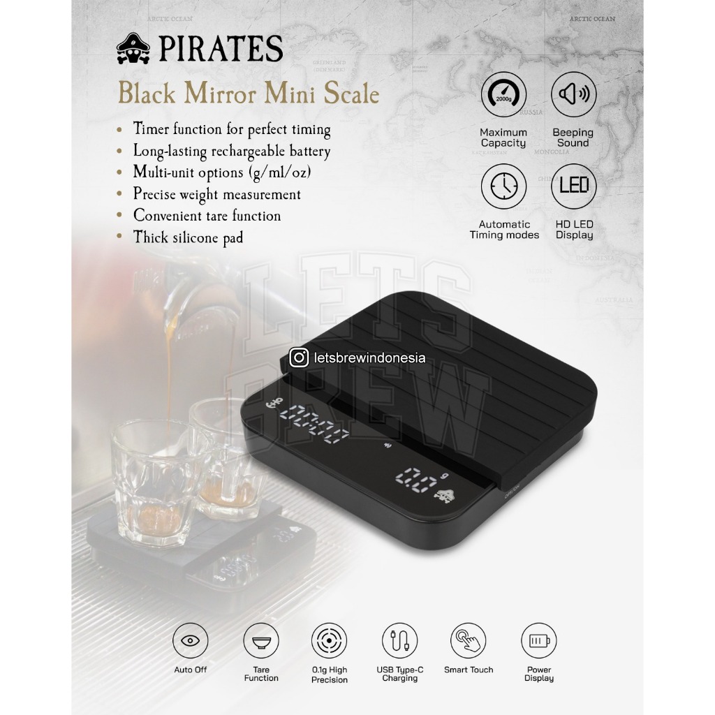Pirates Digital Mini Coffee Scale Black Mirror USB Type-C LED Display with Timer / Coffee Scale terb