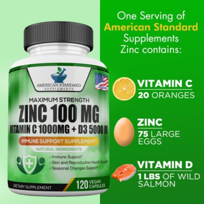 Zinc 100mg Vitamin C 1000mg Vitamin D3 5000iu American Standard 100 %