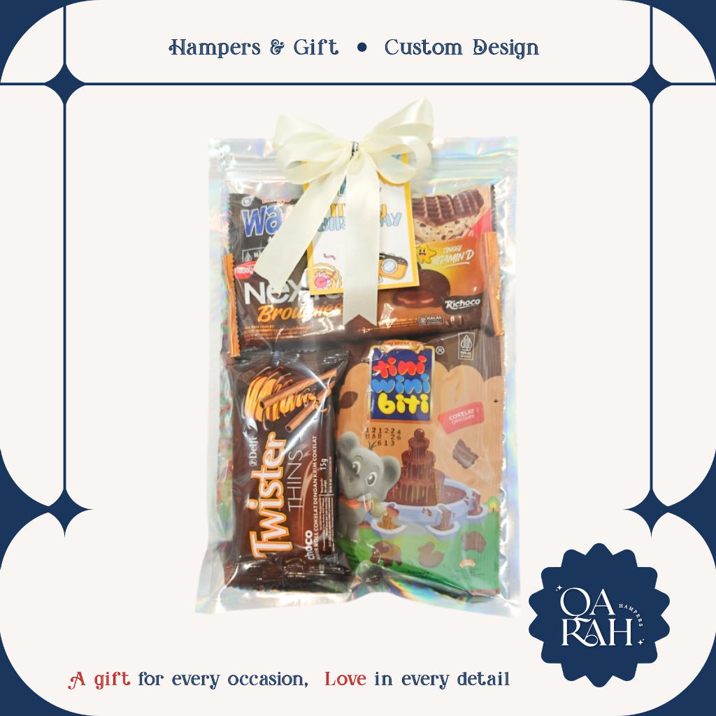 

QARAHHAMPERS BASIC SIZE L COKLAT | BINGKISAN SNACK HAMPERS ULANG TAHUN KUNING ORANGE ANAK GIFT FREE CUSTOM LABEL PITA KARTU HAPPY BIRTHDAY GRADUATION LULUS TERIMA KASIH THANK YOU ACARA ULTAH HAMPER HEMAT POCKY MOMOGI NABATI NEXTAR SUPERSTAR WAFER