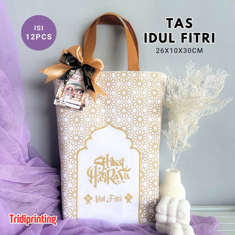 

(Isi 12pcs) Tas lebaran Idul Fitri Premium Size 26x10x30cm | Sablon Gold Bahan Tebal