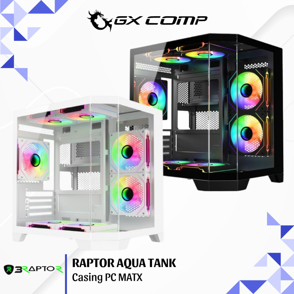 Raptor Aqua Tank Black / White Free 3 Fan RGB - Casing PC mATX - CPU Case Gaming