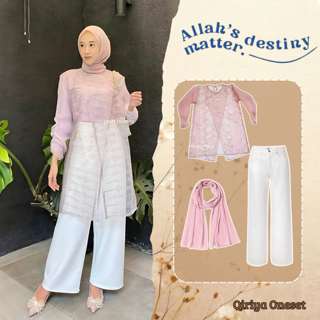 Qiriya Oneset Outfit Elegant Hijab Style OOTD Lebaran Hari Raya (Tunik Silang + Celana + Hijab)