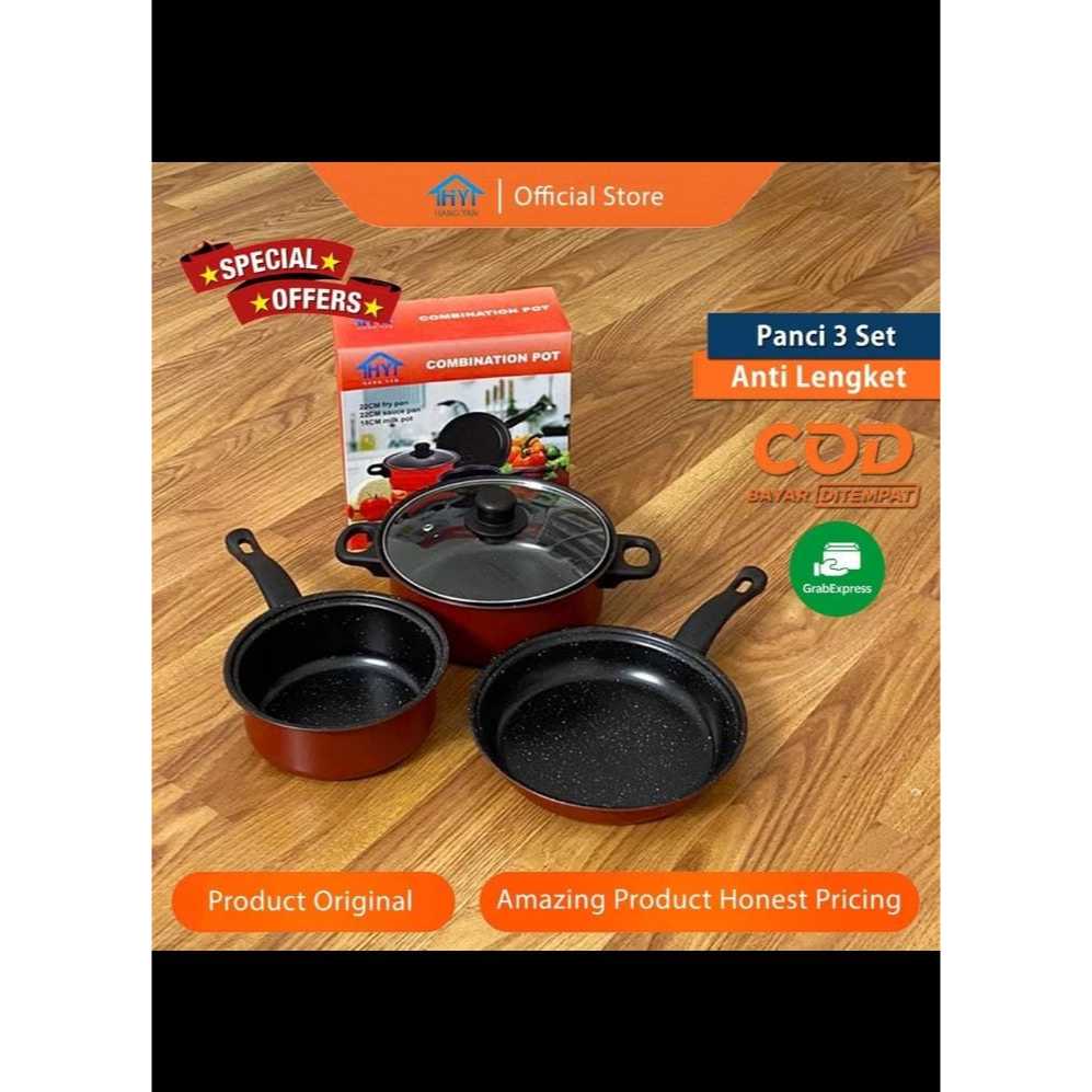 Panci Set 3 IN 1 Anti Lengket Panci Isi 3 Tutup Kaca Panci Set Pot Cookware Set Anti Lengket