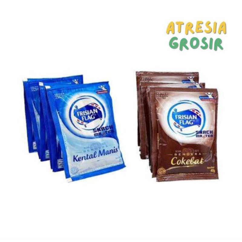 

SUSU FRISIAN FLAG SACHET 1 RENCENG ISI 6PCS SUSU KENTAL MANIS PUTIH/COKLAT