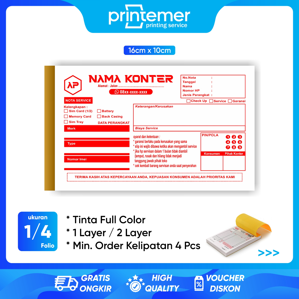 

Cetak Custom Nota Servis Handphone Ukuran 1/4 Folio 2 Ply