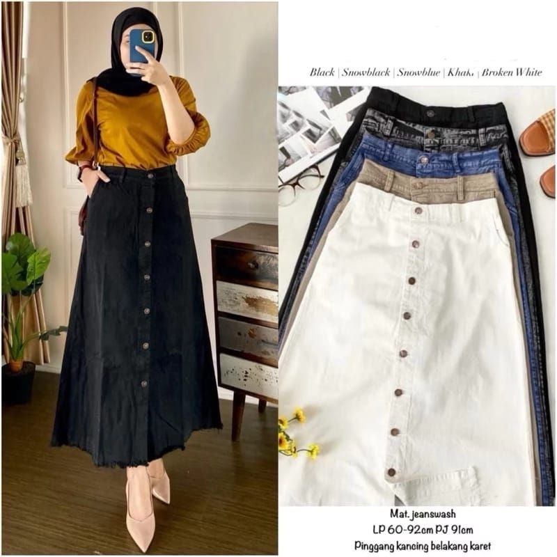 rok jeans panjang rok jeans kancing depan rok jeans rawis