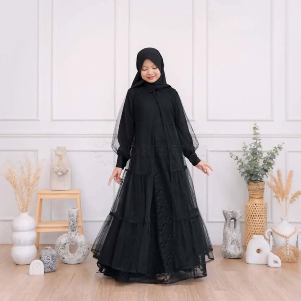 COD GAMIS HITAM ANAK PEREMPUAN USIA 8 9 10 12 13 TAHUN ELEANA KIDS BAHAN VELVET MIX BROKAT PREMIUM V