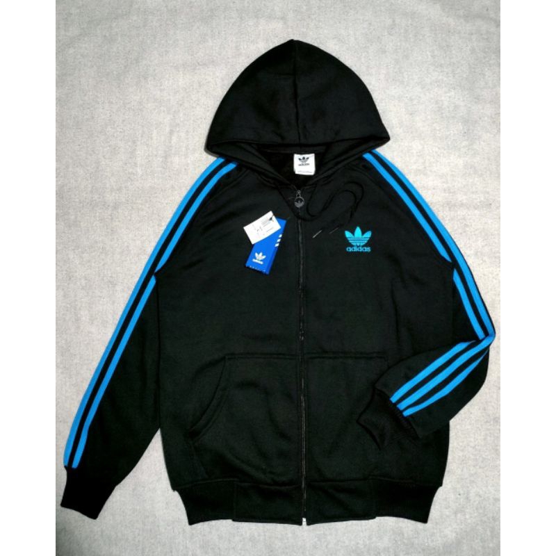 Hoodie Zipper Adidas Full Tag Original Hitam List Biru