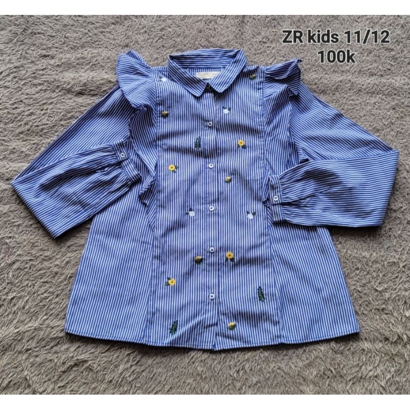 zara ruffle stripe blouse embroidery blue shirt || kemeja zara biru