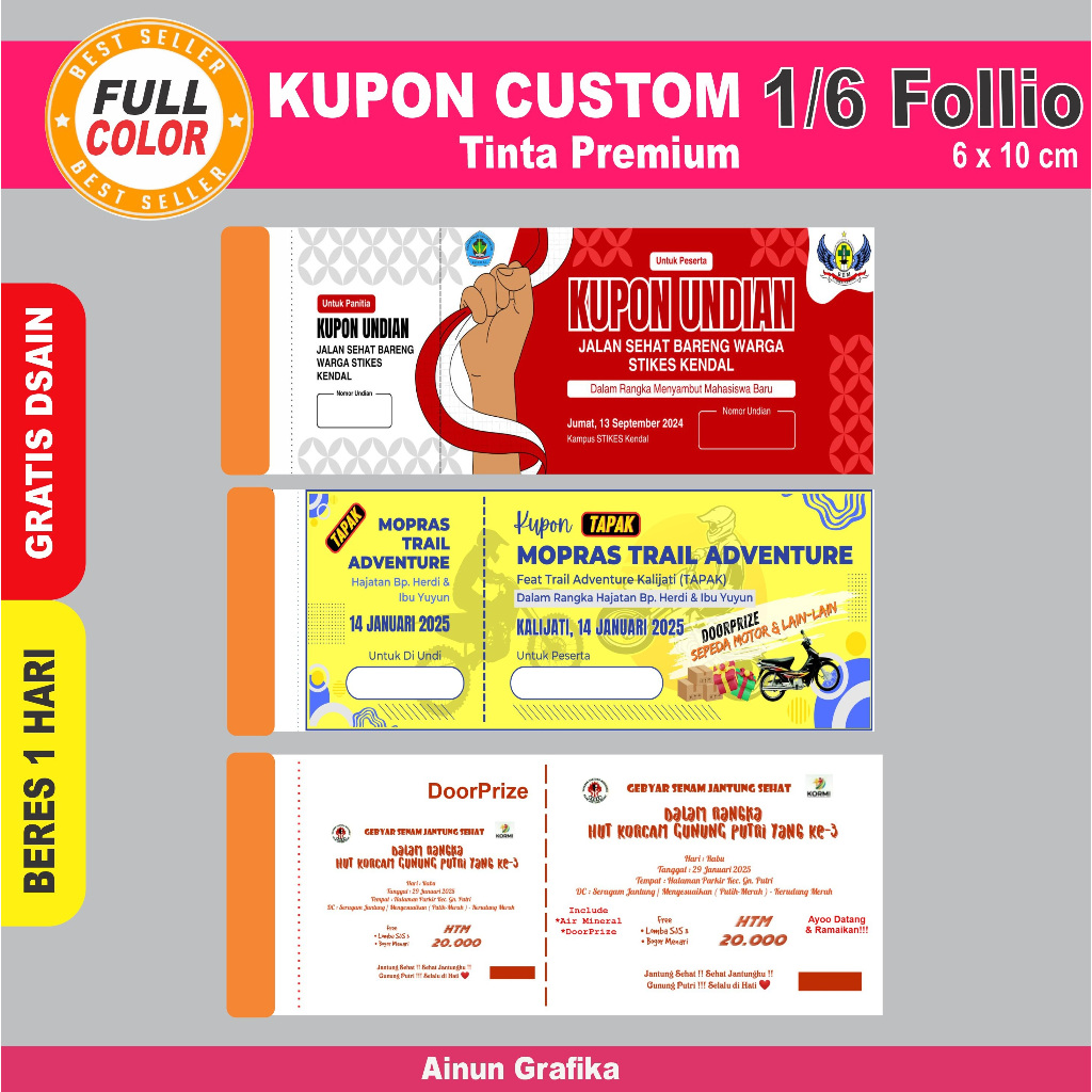 

KUPON CUSTOM / kupon / KUPON UNTUK AGUSTUSAN UKURAN 1/6 POLIO 6X10 KERTAS HVS 50 DAN 100 LBR
