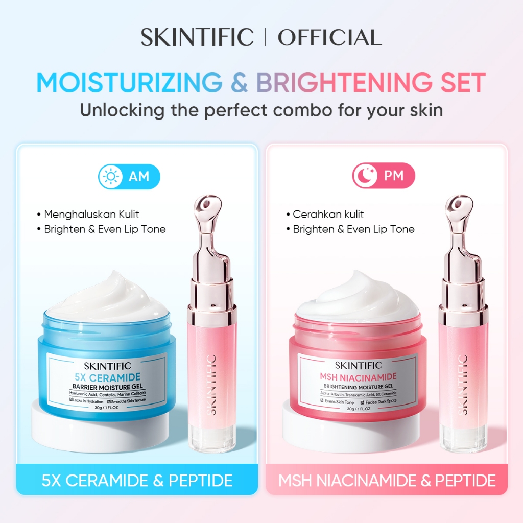 SKINTIFIC- 3PC Brighten Set | Lip Serum &5X Ceramide Barrier & Brighten Moisturizer Gel - Pelembab R