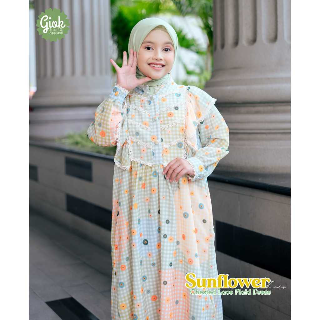 Sunflower Chested Lace Plaid Dress Kids by Giok Scarf - Dress Couple ibu dan anak lebaran eid raya