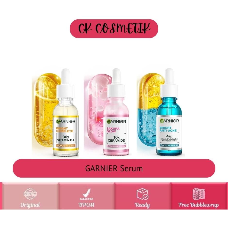 Garnier Bright Complete Anti Acne Booster Serum, Garnier Sakura Glow Hyaluron 30x Booster Serum, Gar