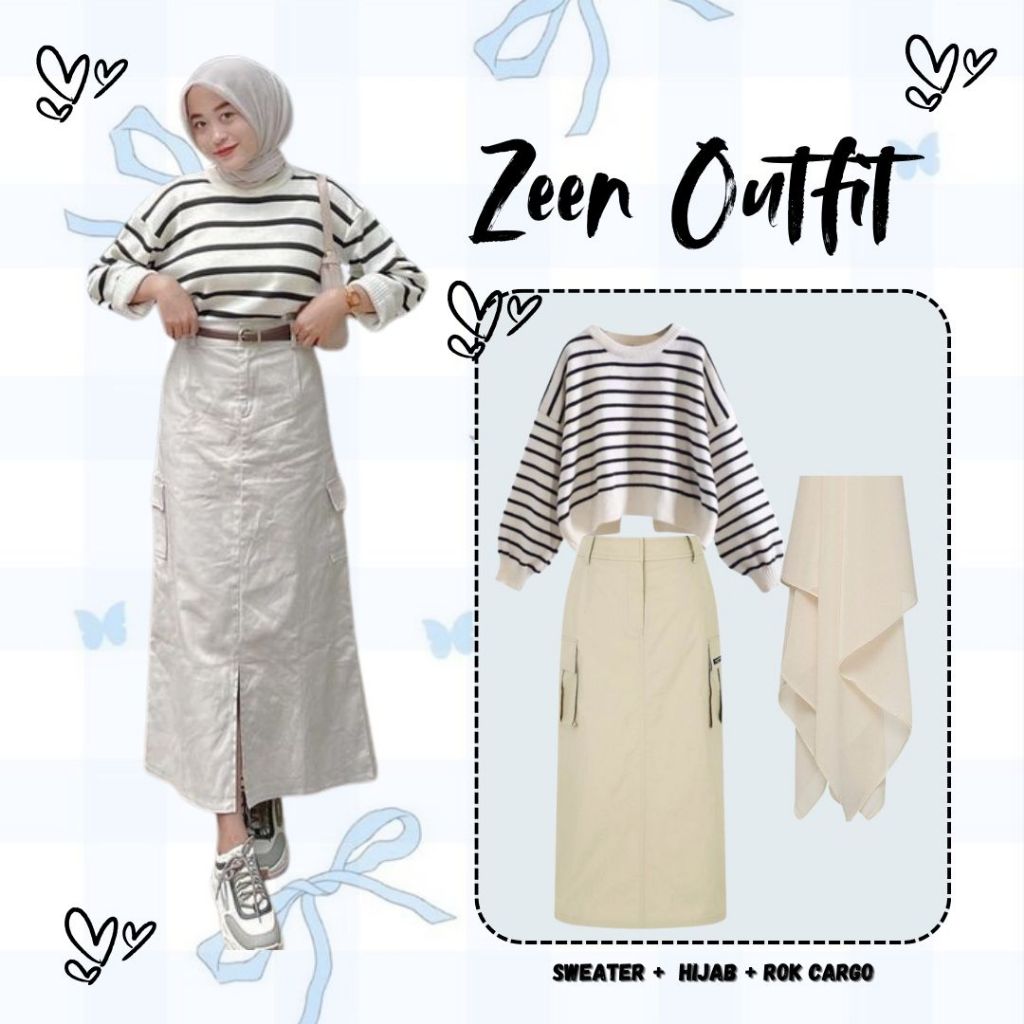 Zeen Outfit Korean Style (Sweater, Rok Cargo, Hijab) Outfit Wanita Rok Hijab, 3 in 1 OOTD - KB7