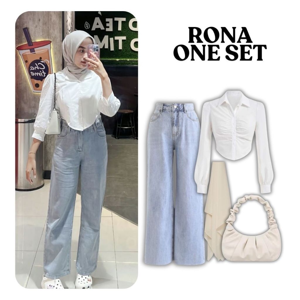One Set Rona | Kemeja Puff Katun Putih, Celana Kulot Jeans Highwaist, Bella Square, Tas Serut | WR42
