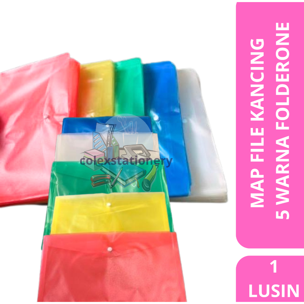 

[1 LUSIN] Map Kancing File Mika Plastik / Map Punggung Warna 5 Warna Transparant Ukuran Folio Isi 12 Pcs