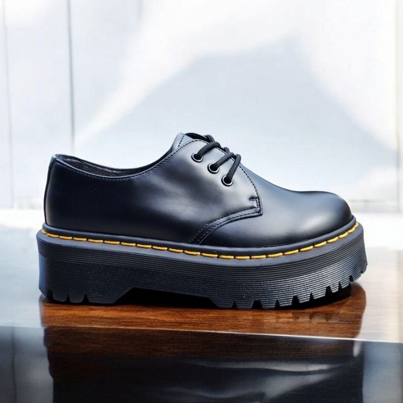 New Sepatu Docmart 1461 Low Quad Platform Black Smooth Faux Leather