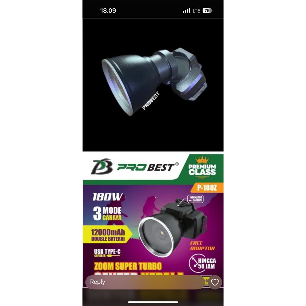 PRO SENTER KEPALA ZOOM SUPER TURBO 180 WATT BATERAI 12000 mAh