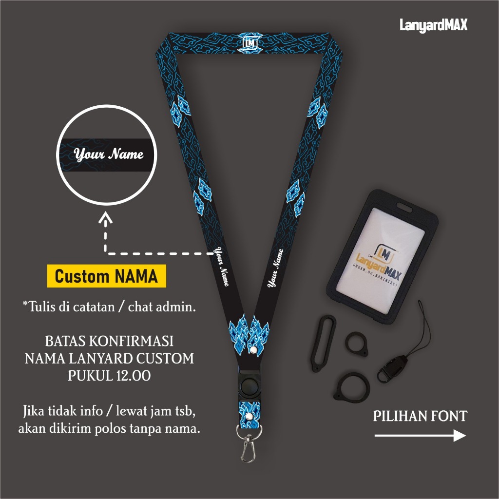 

Lanyard Max Custom Nama Mini Mega Mendung 1,5 cm Satuan Gantungan Holder 2 Sisi