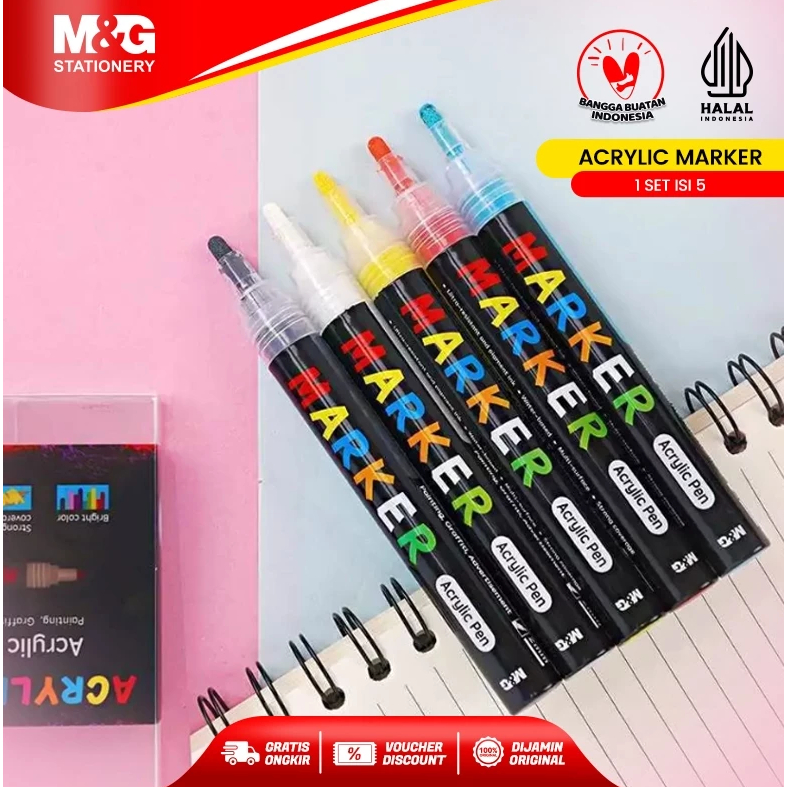 

M&G - Spidol Akrilik Warna Warni Acrylic Marker Sketch 1 set isi 5 Anti Air Multifungsi