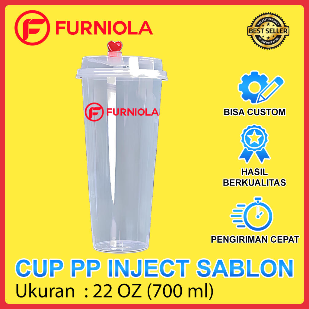 Cetak Gelas Plastik Cup PP Injection TEBAL DATAR Custom Desain Sablon Nama Logo Sudah Dengan Tutup L