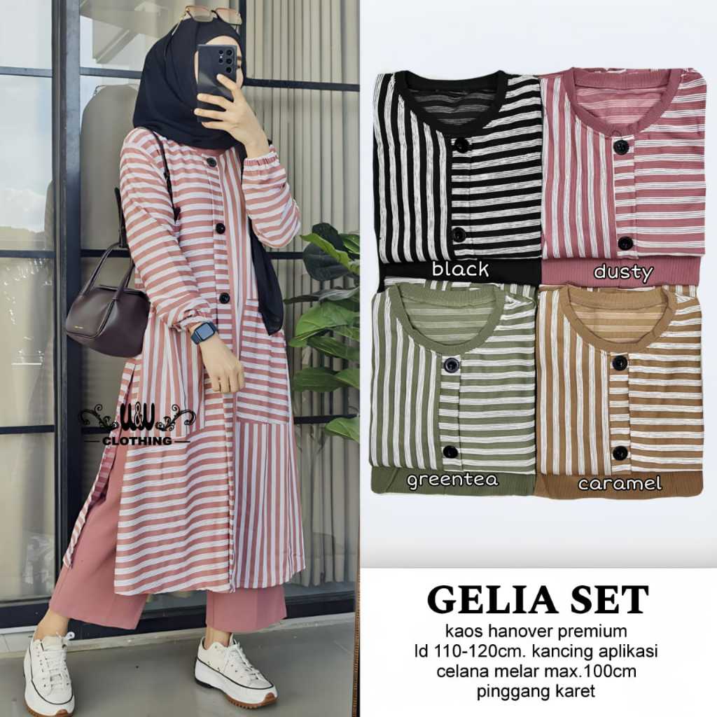 Gelia Set Setelan Atasan Wanita Tunik Celana Midi Dress Casual Premium