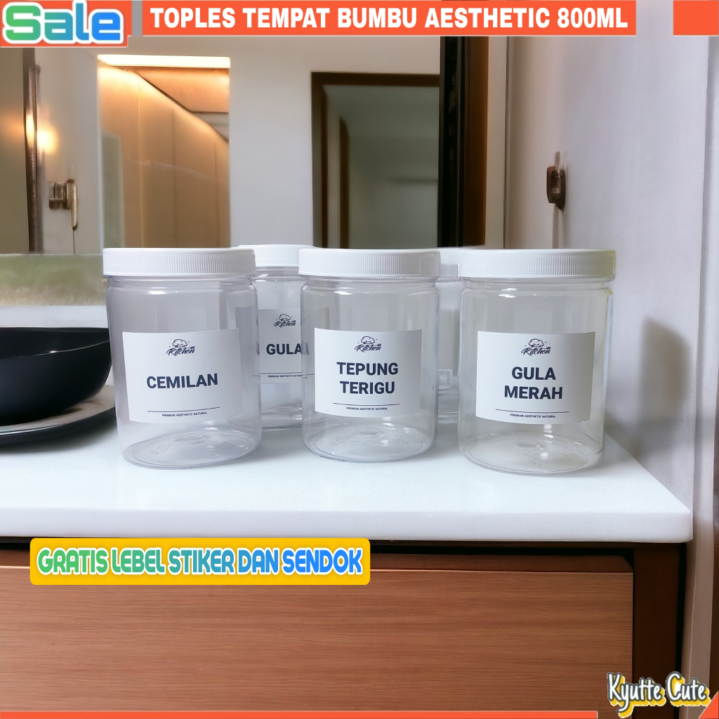 Toples Tempat Bumbu Dapur 800ML Aesthetic Toples Stiker Bumbu Dapur Waterproof Gratis Label Waterpro