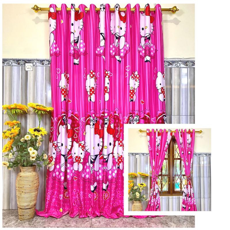 Gorden pintu kamar jendela motif Hello Kitty smokring 12 Ring 6 Gelombang
