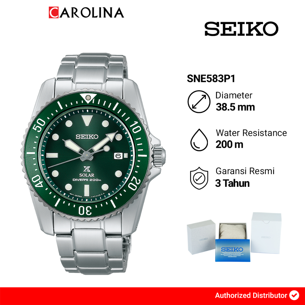 Jam Tangan Pria Seiko Prospex SNE583P1 Solar Divers 200M Green Dial Stainless Steel Strap