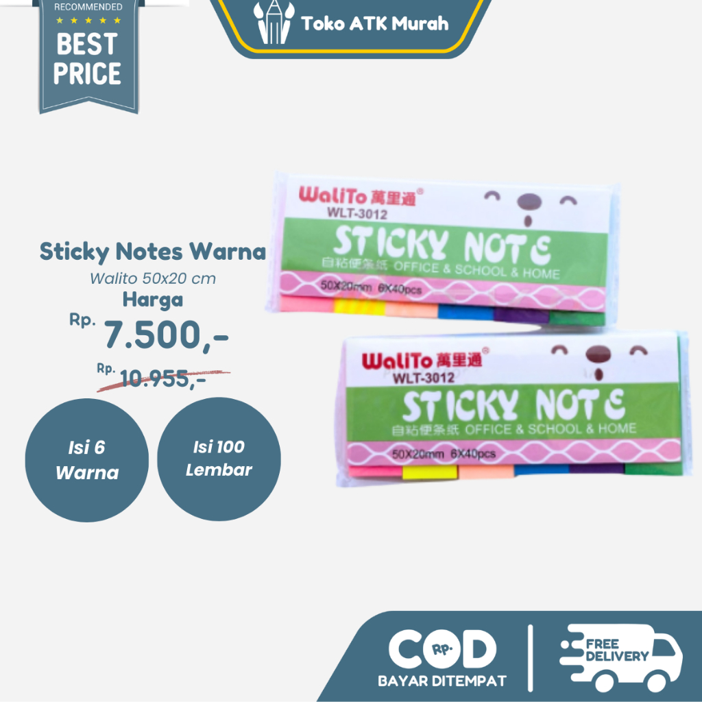 

Memo Tempel Fluourescent Sticky Notes Walito 50x20 WLT-3012 240 Lembar