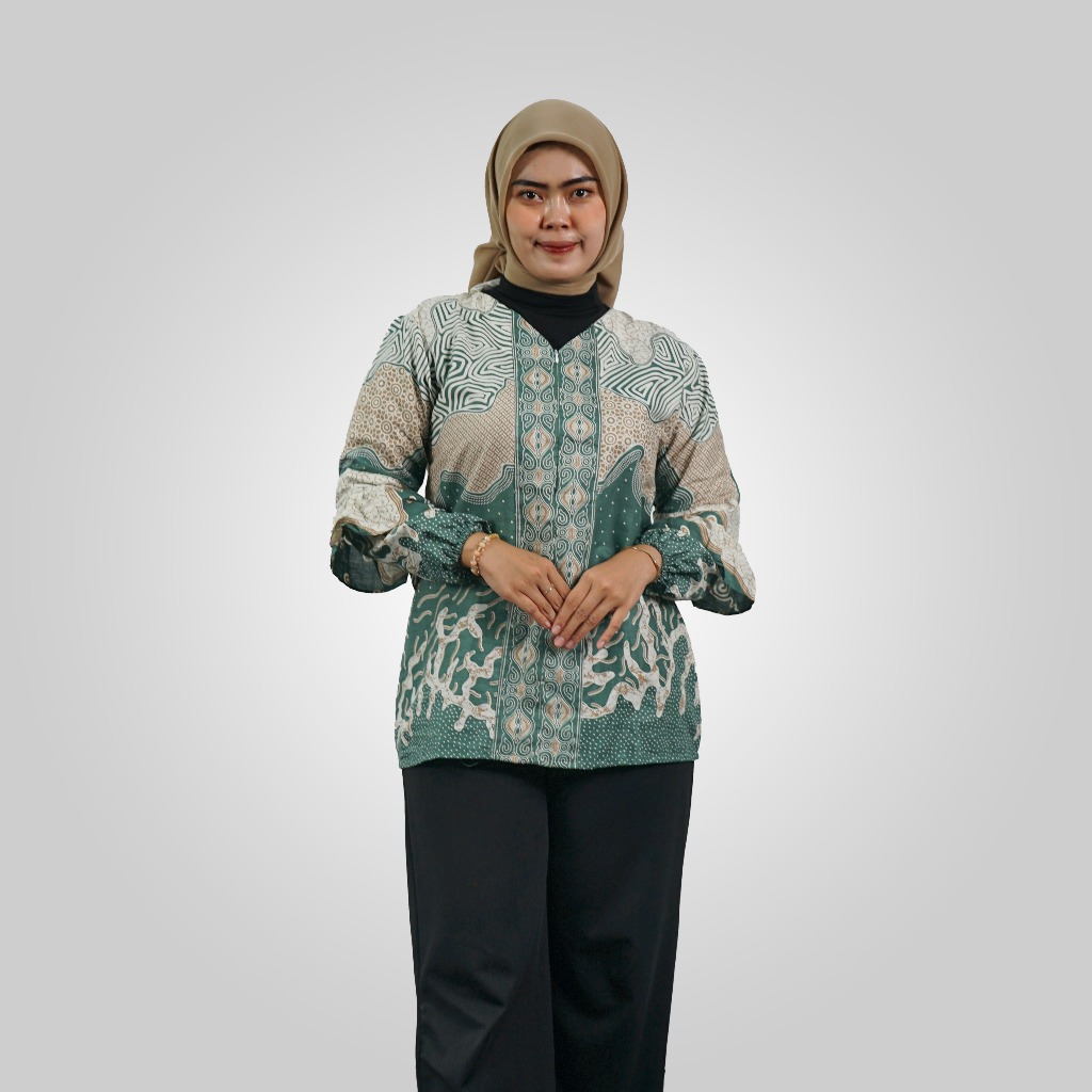 BATIK TRUSMI Atasan Wanita Blouse Batik Abstrak Kombinasi Bahama Warna Hijau MOP