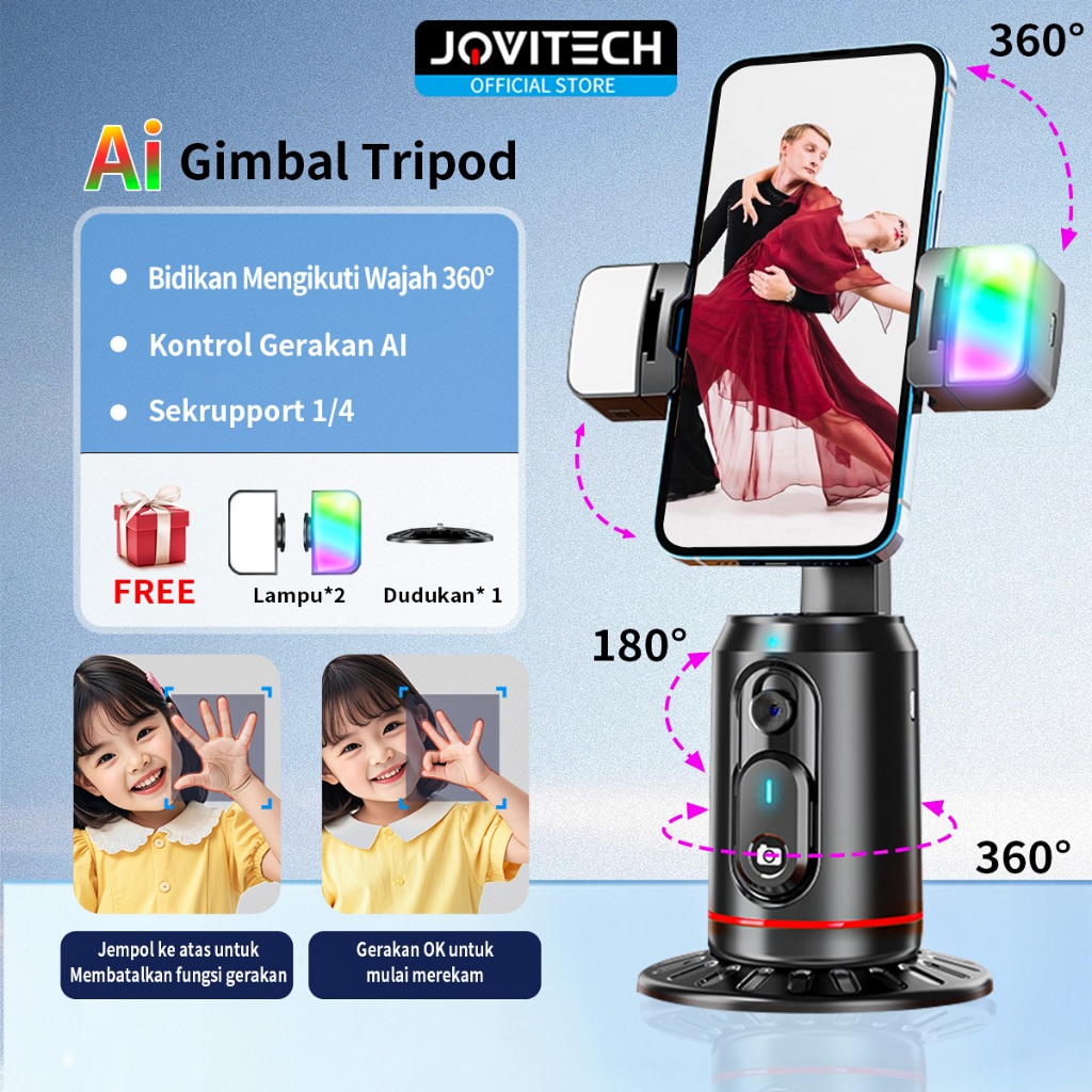 Jovitech Tripod Bluetooth Multifungsi Auto AI Face Tracking Gimbal Handphone Stabilizer 360° Selfie 